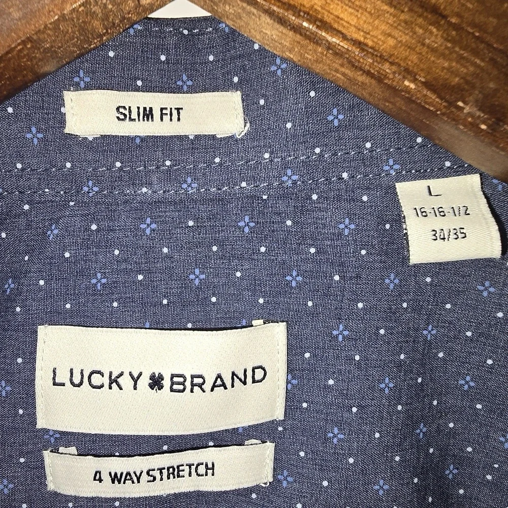NWT Lucky Brand Mens Large 16-16.5 32/33 Blue Slim Fit 4 Way Stretch Shirt